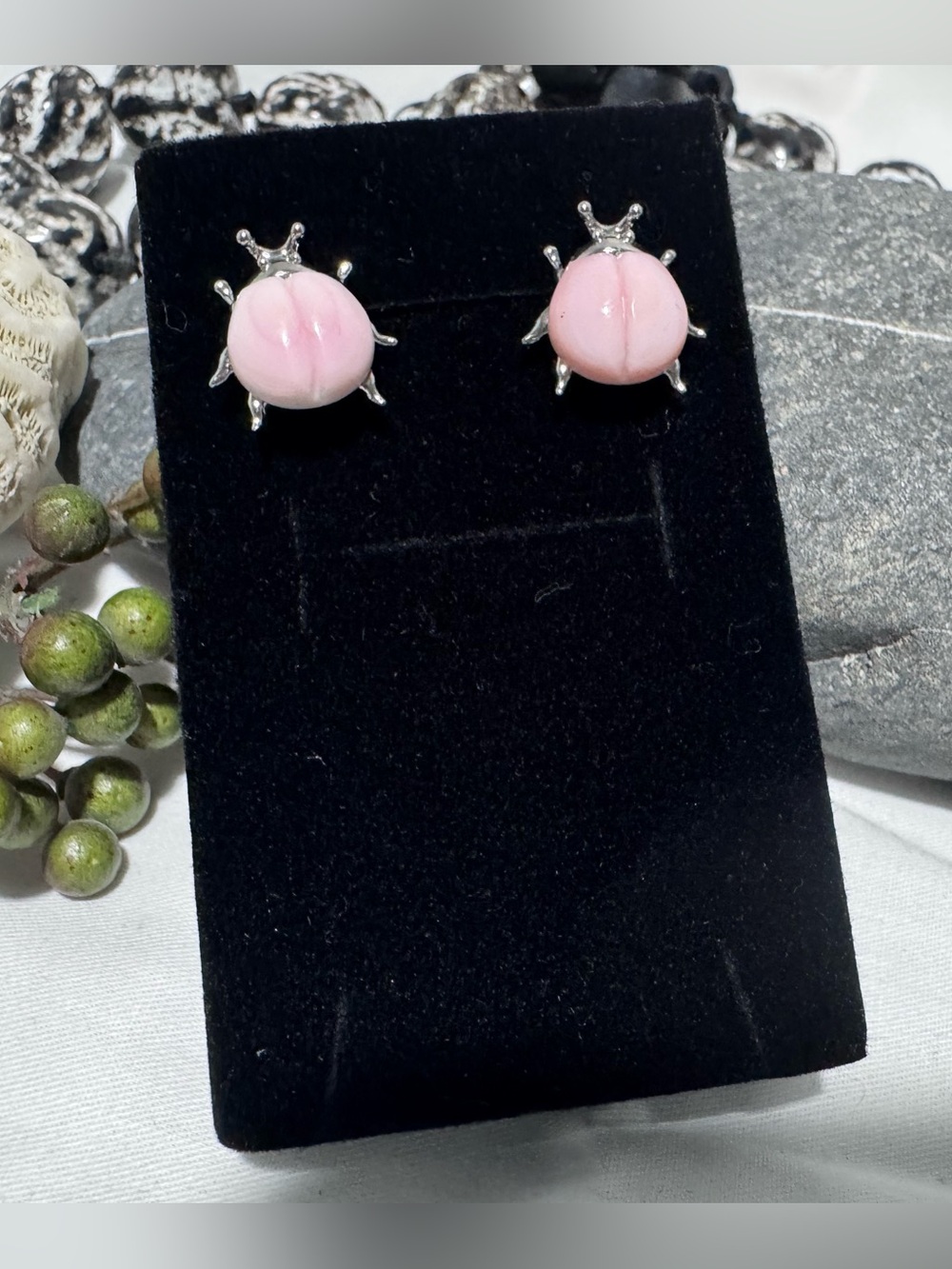 Pink Conch Shell Lady Bug Earrings